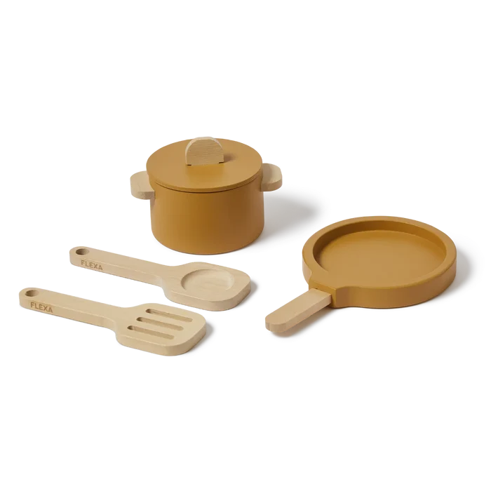 Pot & Pan, 5 pcs, Handpainted, Yellow PLAY pot-pan-mustard-natural-wood  flexa-com.myshopify.com