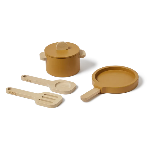 Pot & Pan, 5 pcs, Handpainted, Yellow PLAY pot-pan-mustard-natural-wood  flexa-com.myshopify.com