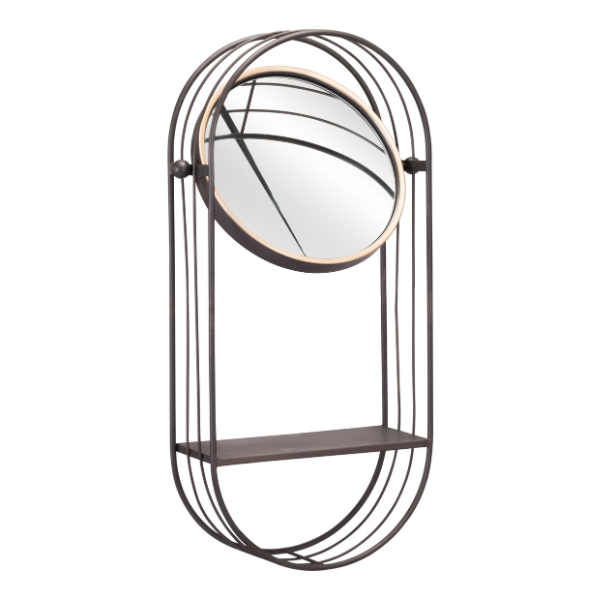 Gray Zuo Saroni mirror shelf with a sleek architectural design, combining reflective mirror surface and functional shelf space.