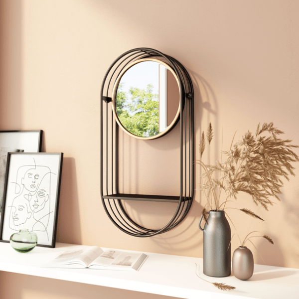 Gray Zuo Saroni mirror shelf with sleek design, combining a mirror and shelf for modern home decor and functional storage.