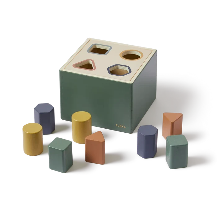 Wooden Shape Sorting box, 10 pcs, Handpainted, Green PLAY wooden-shape-sorting-box-multicolors-natural-wood  flexa-com.myshopify.com