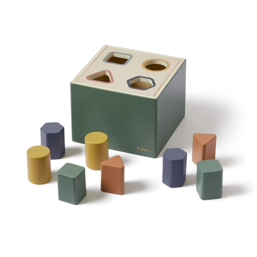Wooden Shape Sorting box, 10 pcs, Handpainted, Green PLAY wooden-shape-sorting-box-multicolors-natural-wood  flexa-com.myshopify.com